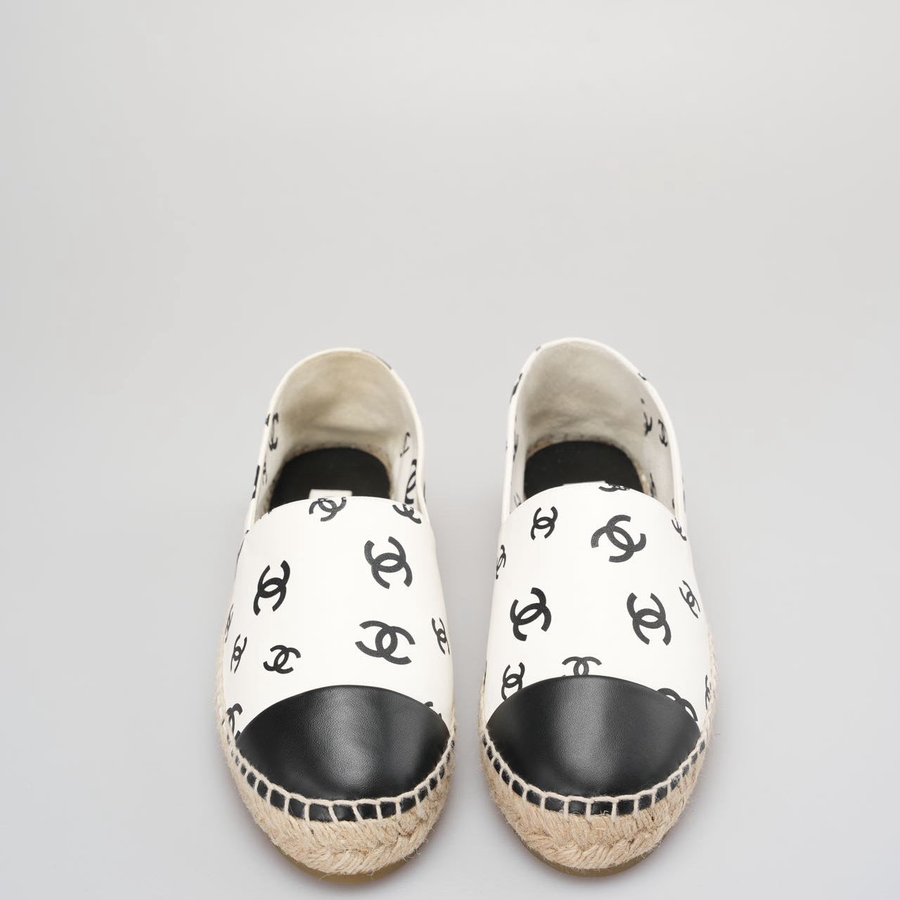 Chanel Lambskin Printed Coco Beach Espadrilles In White and Black Size 40