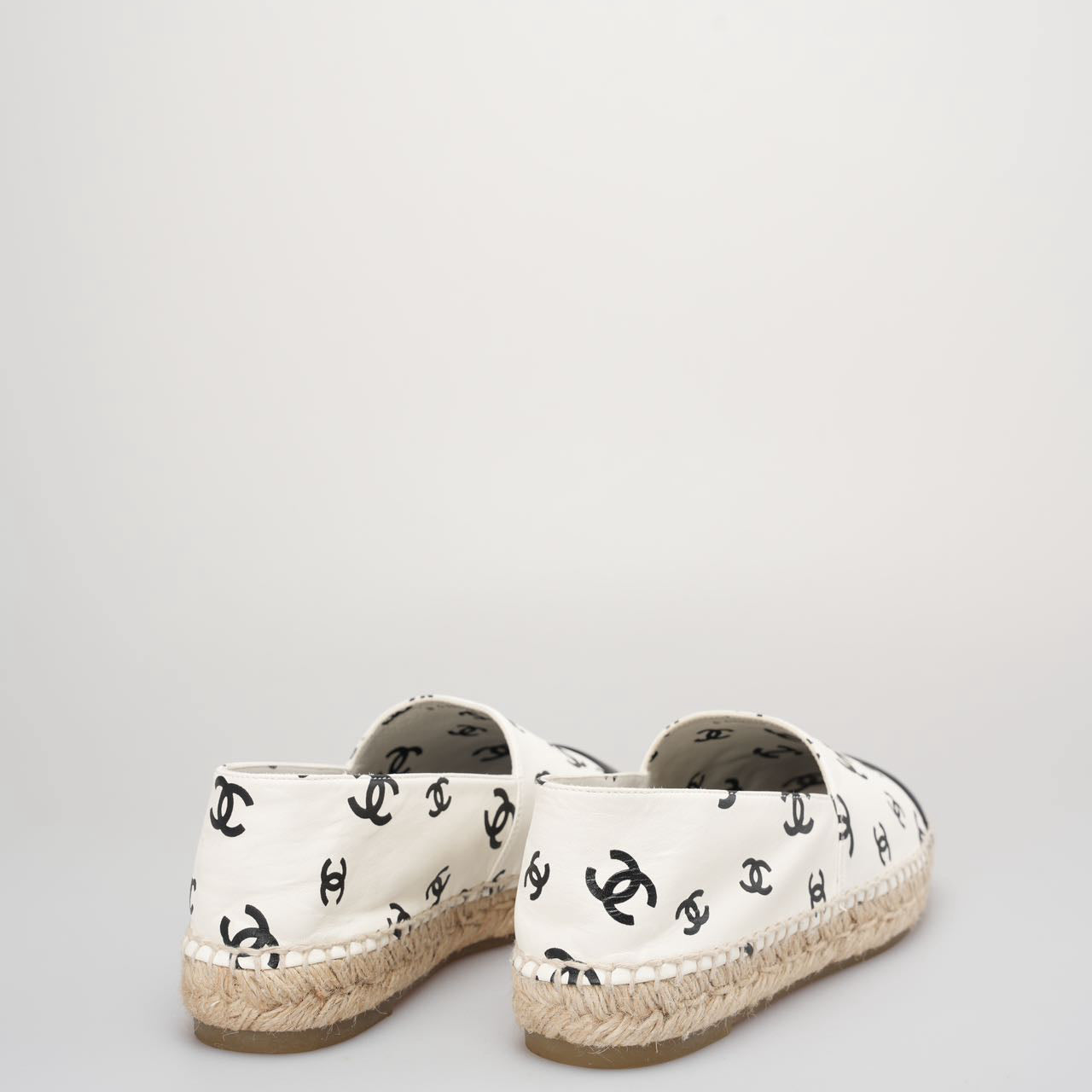 Chanel Lambskin Printed Coco Beach Espadrilles In White and Black Size 40