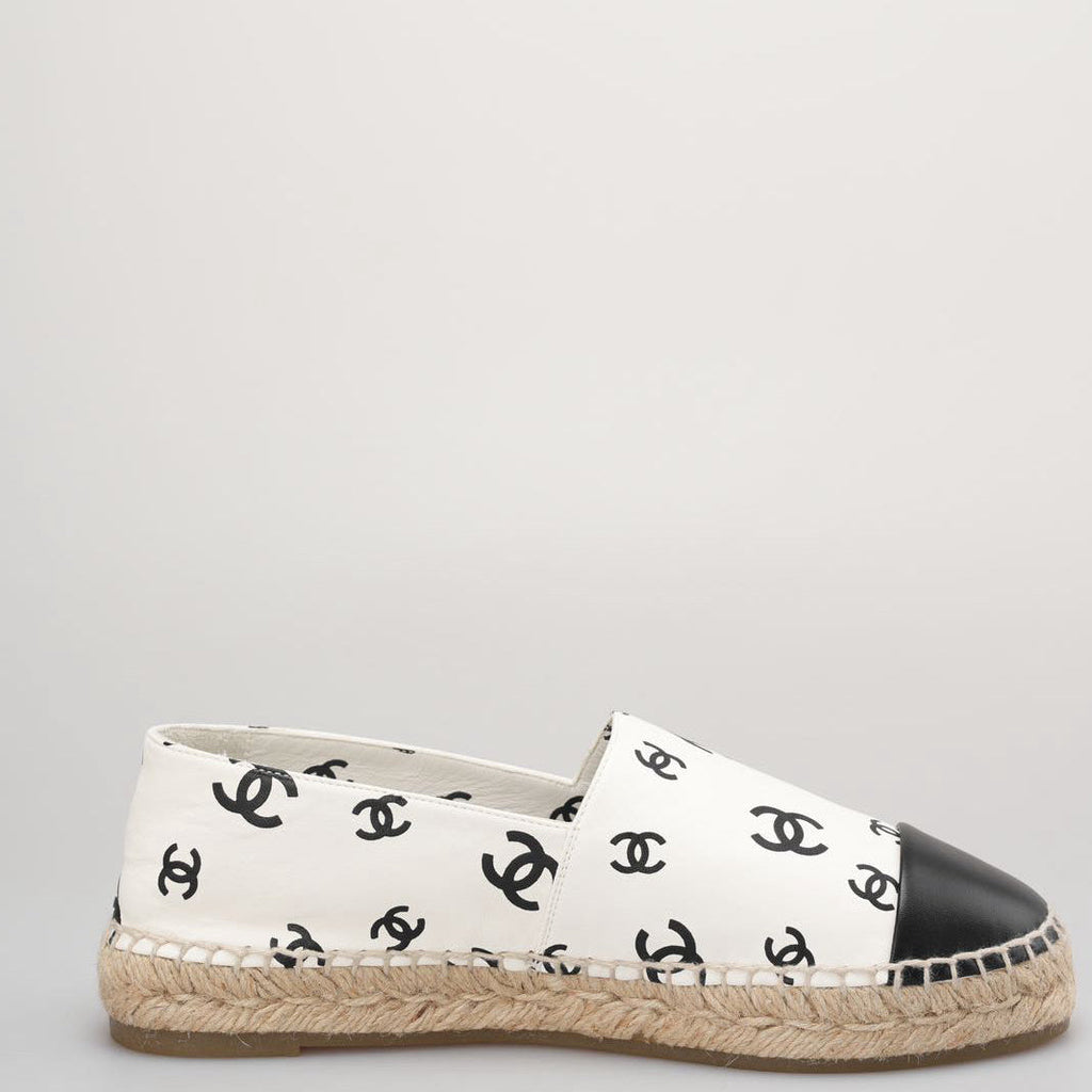 Chanel Lambskin Printed Coco Beach Espadrilles In White and Black Size 40