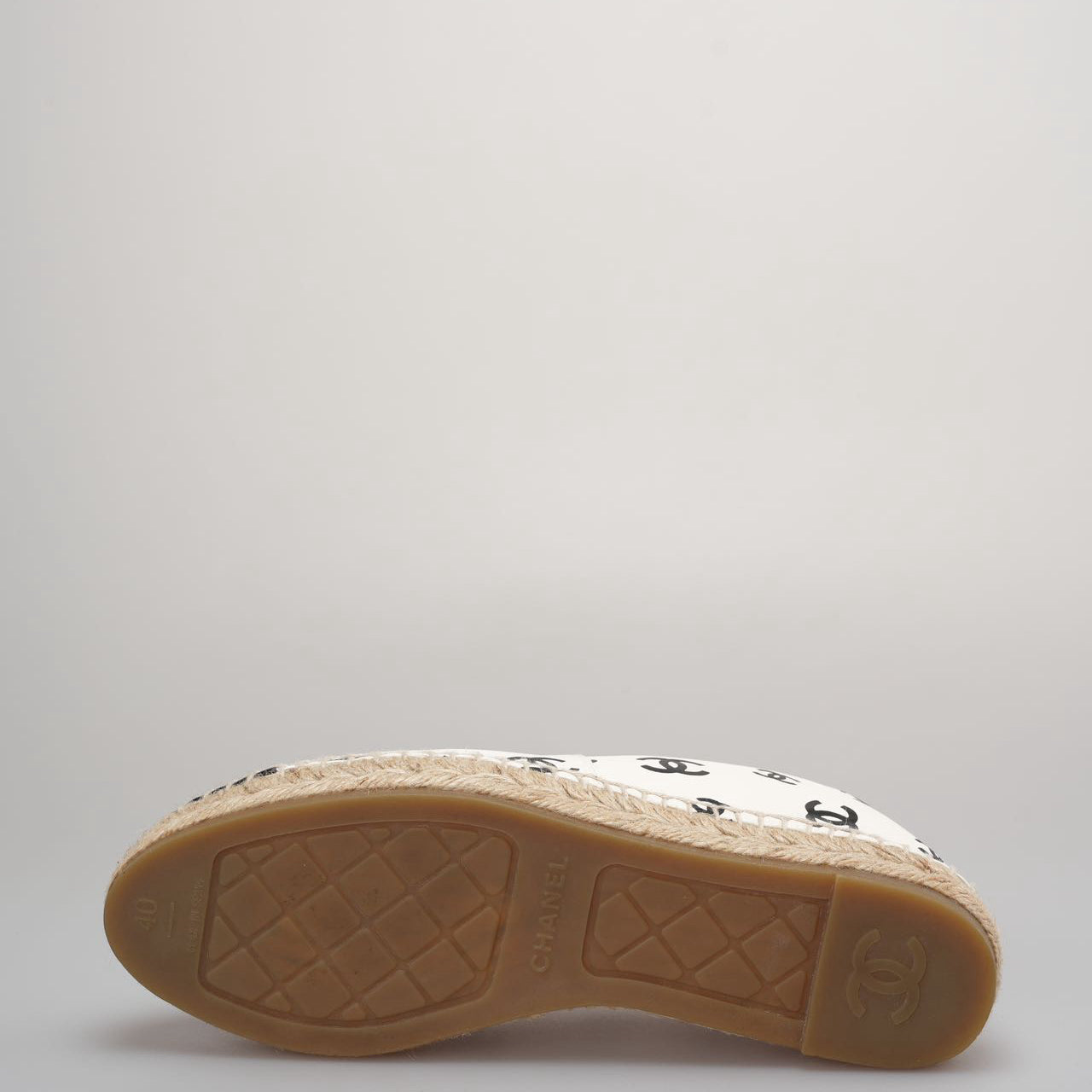 Chanel Lambskin Printed Coco Beach Espadrilles In White and Black Size 40