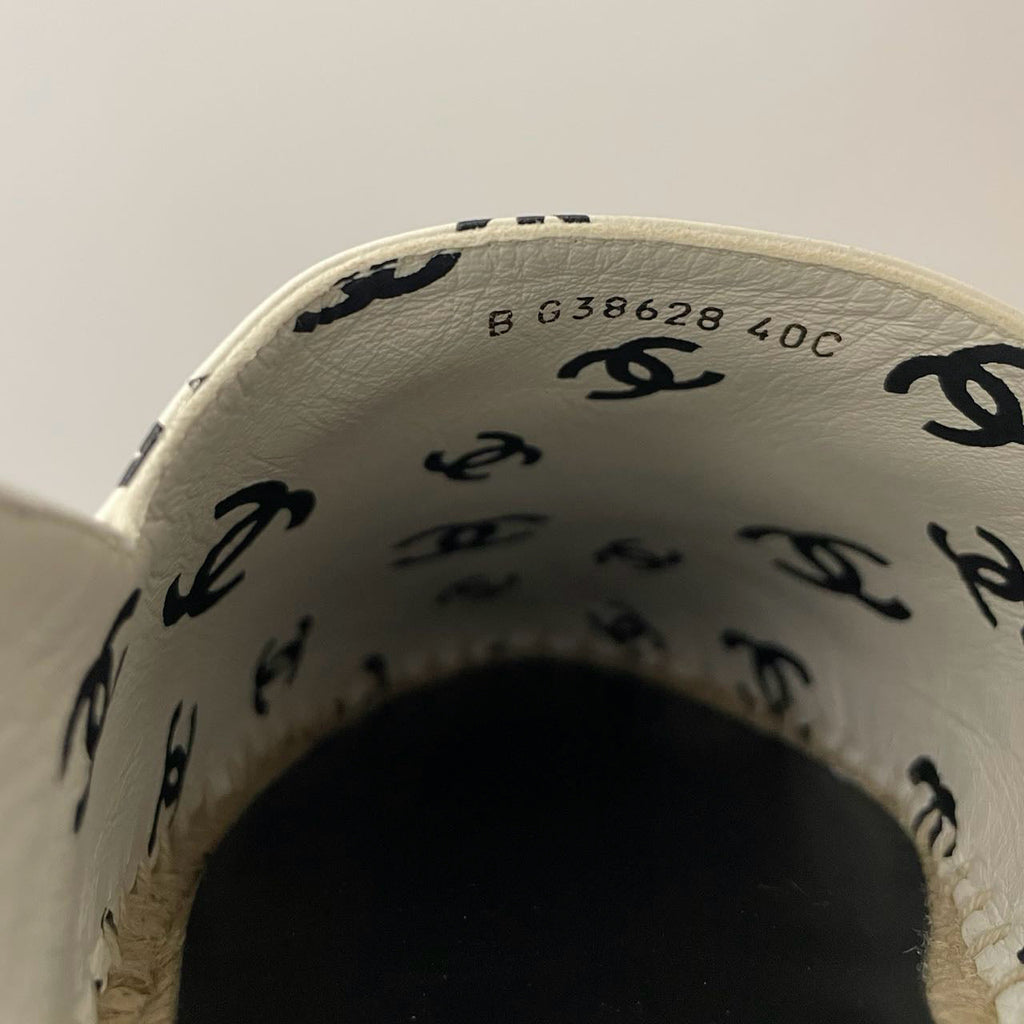 Chanel Lambskin Printed Coco Beach Espadrilles In White and Black Size 40