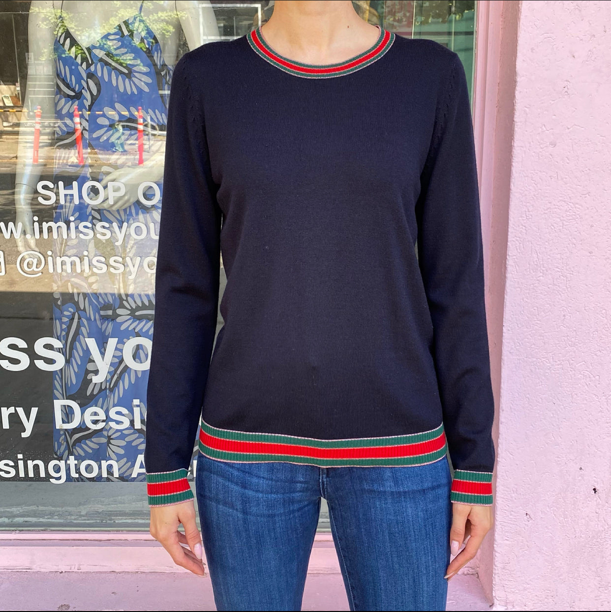 Gucci Midnight Navy Knit Web Trim Sweater - M