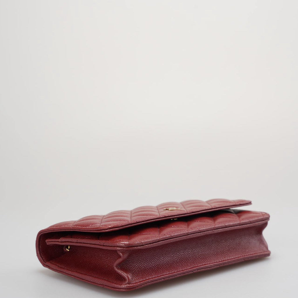 Chanel Burgundy Wallet On Chain Woc Bag In Caviar Leather With Gold Hardware