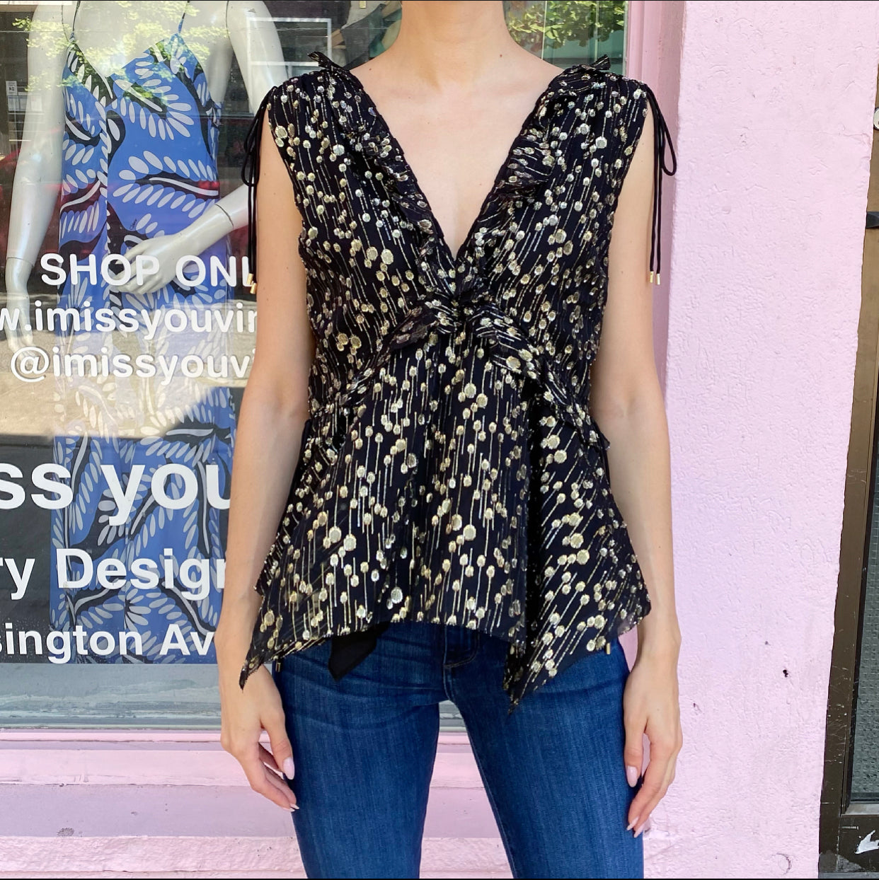 Derek Lam Black and Gold Metallic Dot Ruffle Boho Top - 6