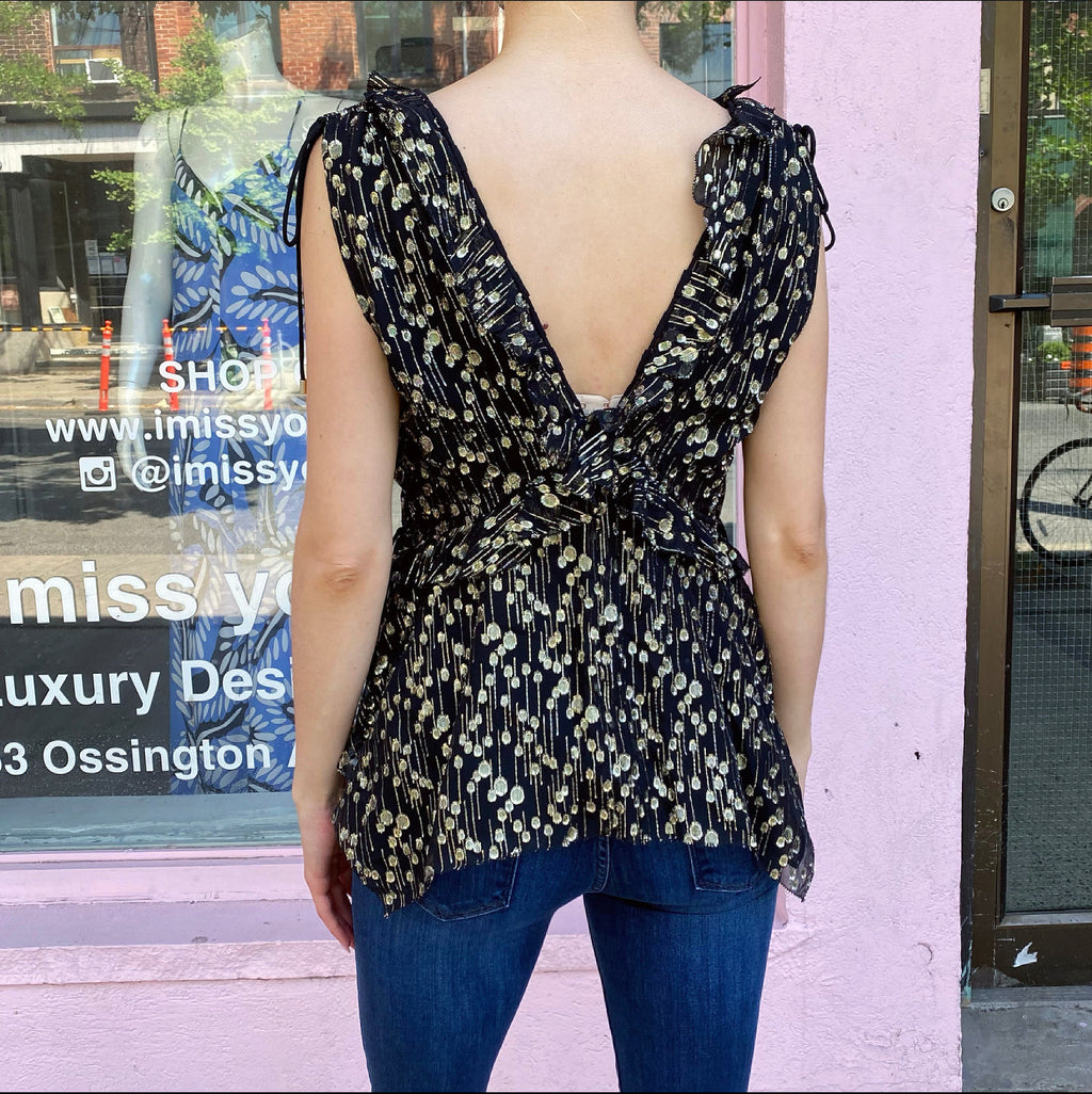 Derek Lam Black and Gold Metallic Dot Ruffle Boho Top - 6
