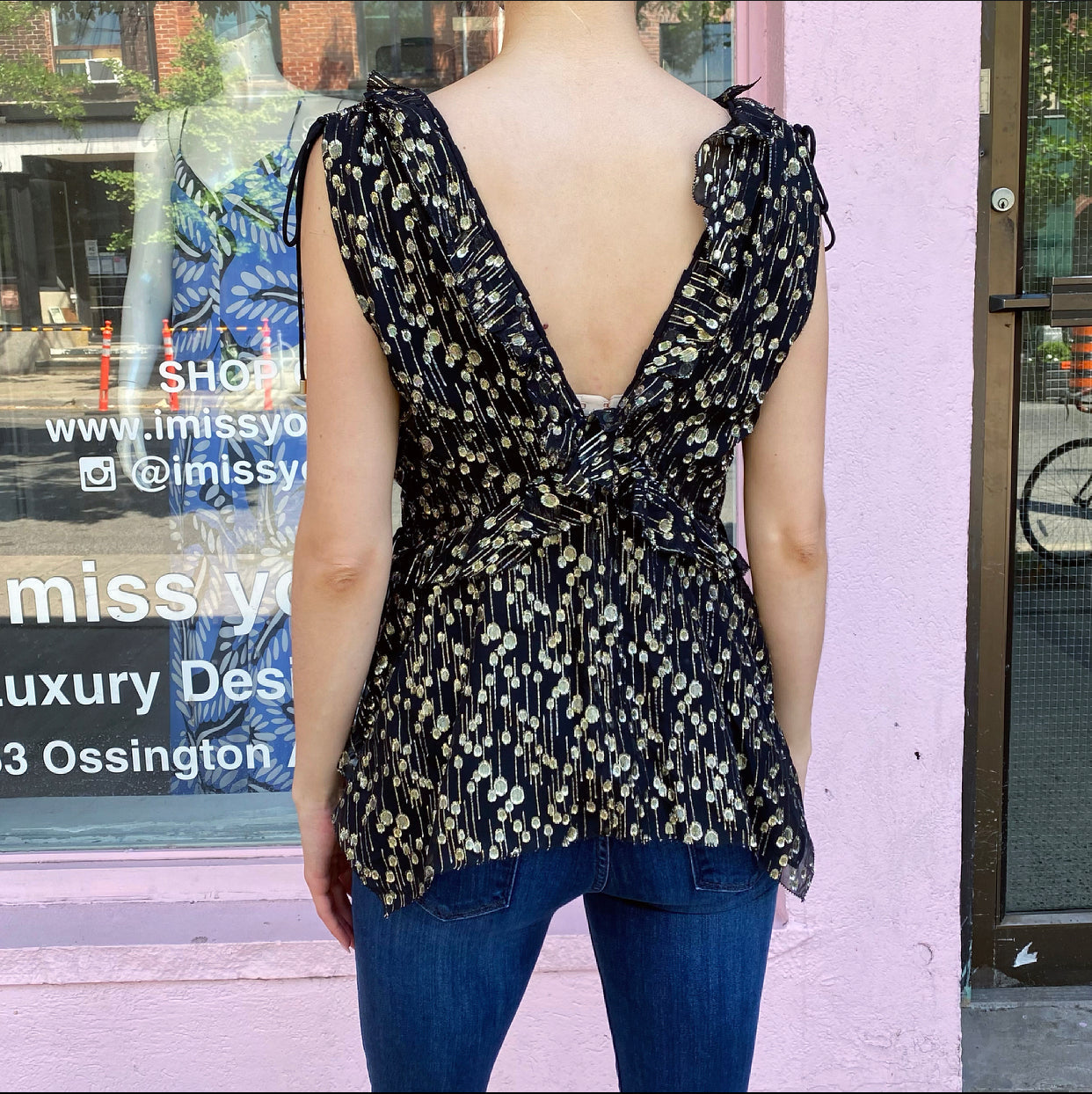 Derek Lam Black and Gold Metallic Dot Ruffle Boho Top - 6