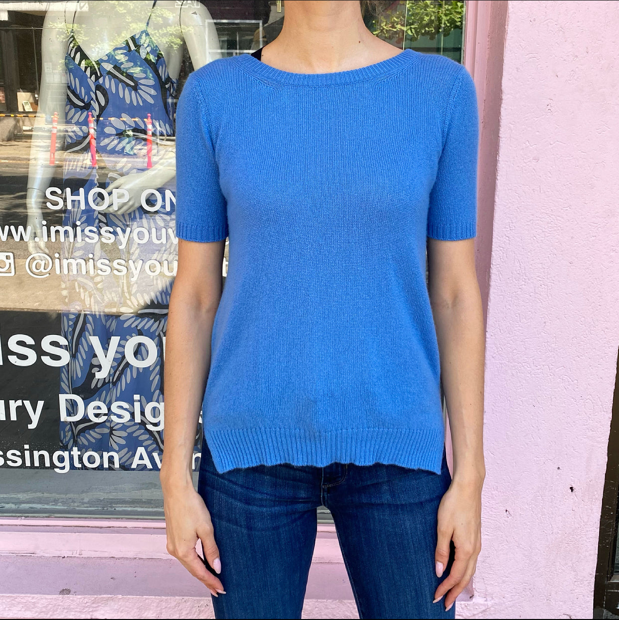 Prada Blue Cashmere Short Sleeve Sweater with Neck Tie - IT42 / USA 6
