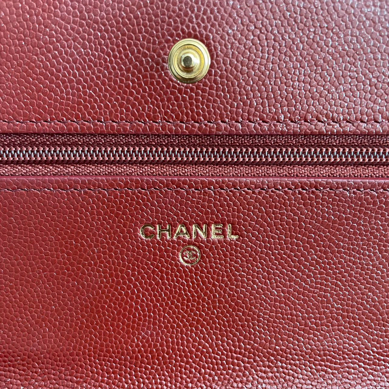 Chanel Burgundy Wallet On Chain Woc Bag In Caviar Leather With Gold Hardware