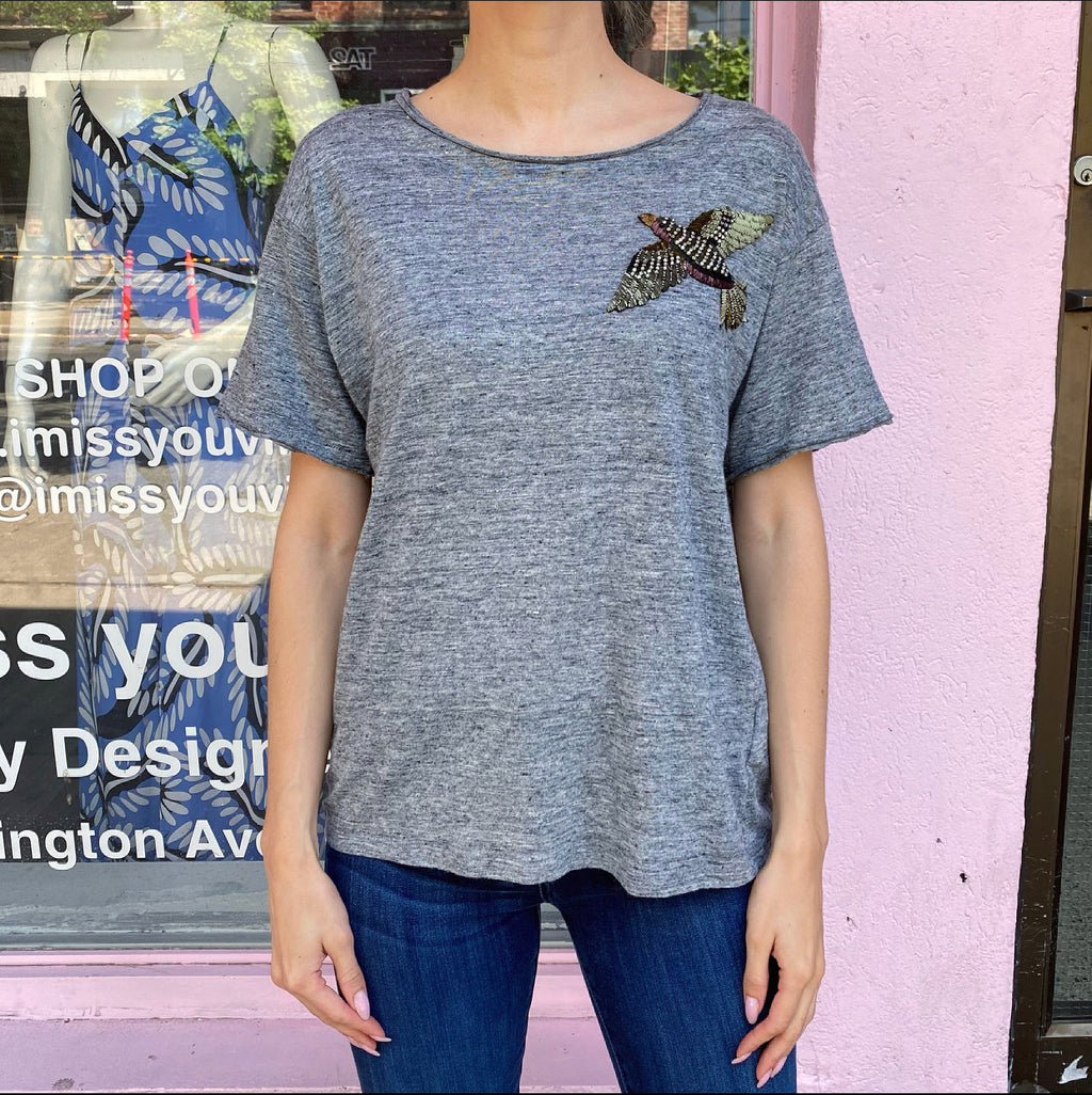 Gucci Grey T-Shirt with Jewel Embroidered Bird - USA 6