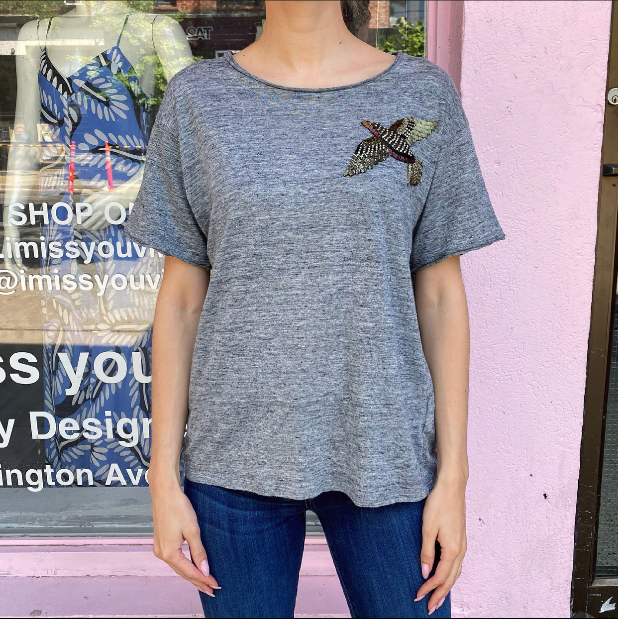 Gucci Grey T-Shirt with Jewel Embroidered Bird - USA 6