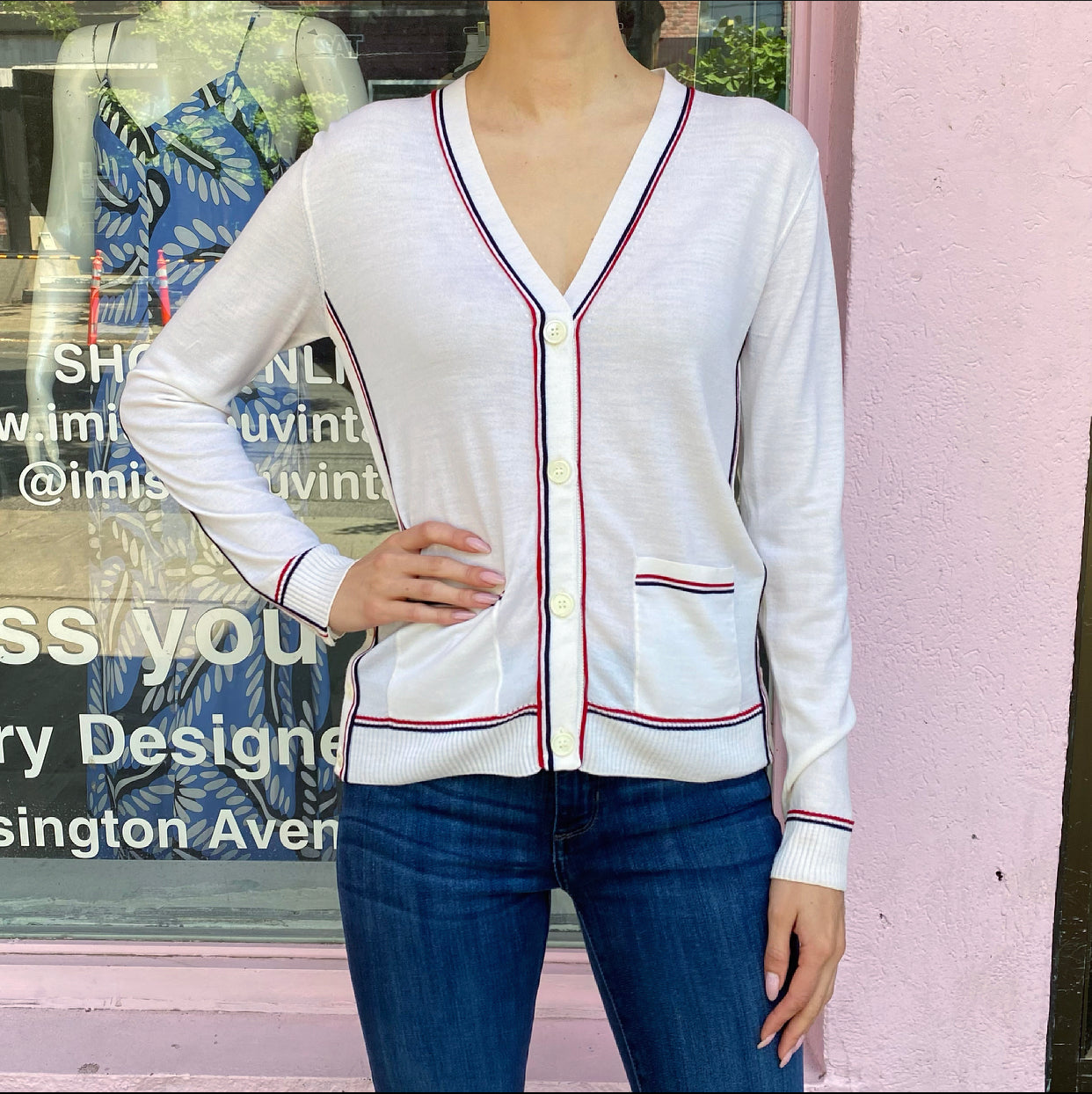 Thom Browne Ivory Fine Knit igan with Red Navy Stripe - IT42 / USA 6