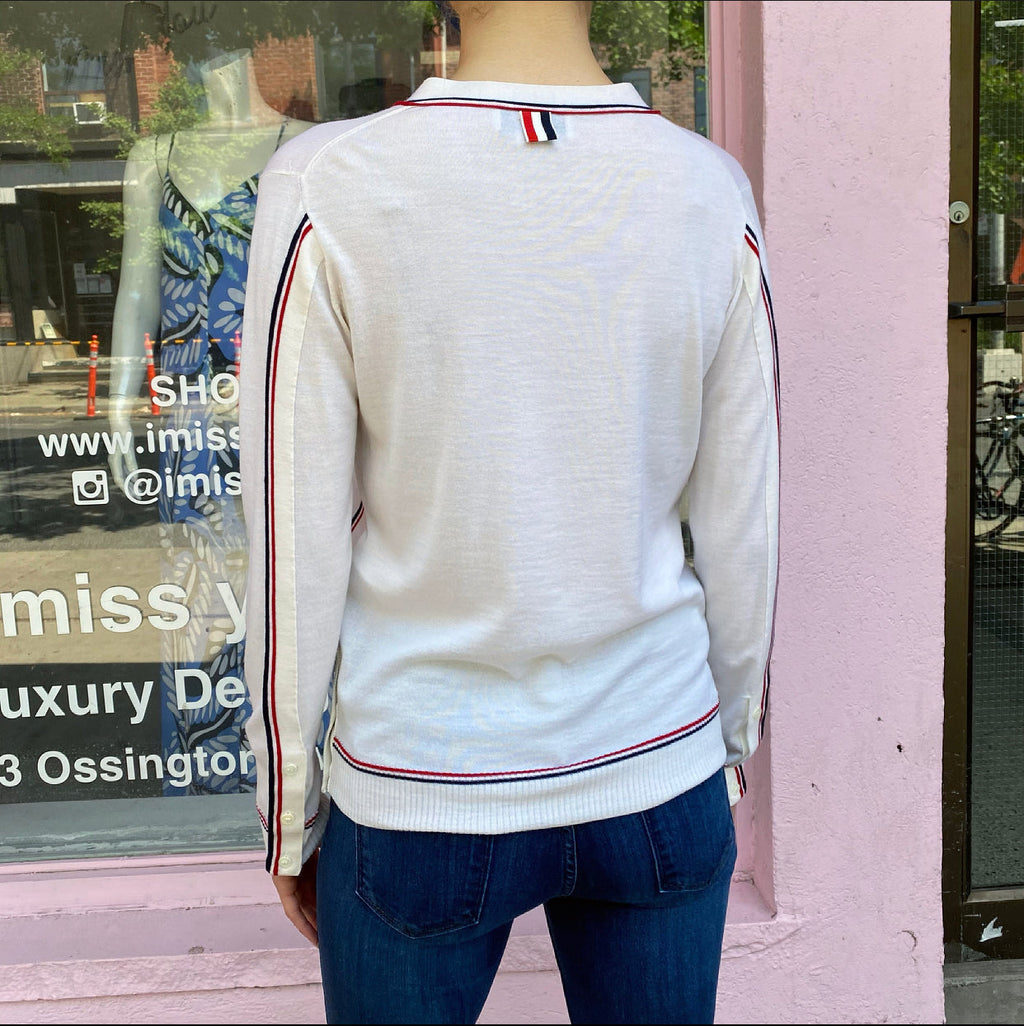 Thom Browne Ivory Fine Knit igan with Red Navy Stripe - IT42 / USA 6
