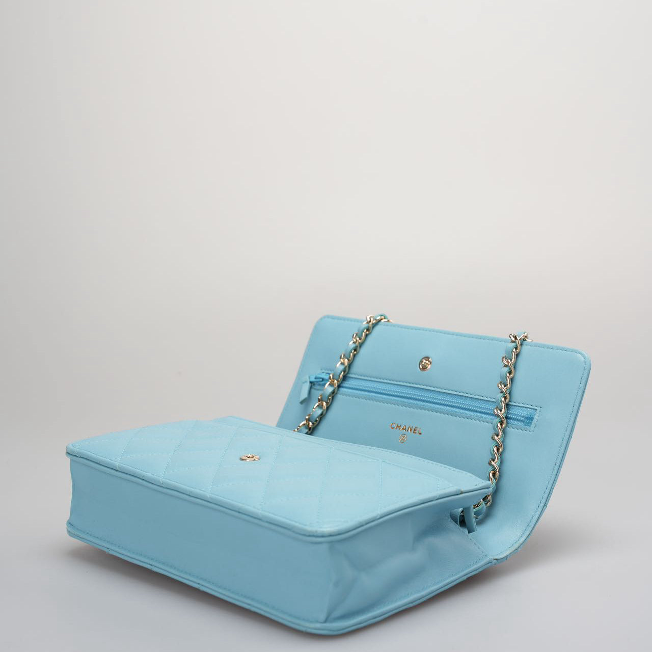 Chanel Light Blue Woc Wallet On Chain Classic Bag In Lambskin Leather With Gold Hardware