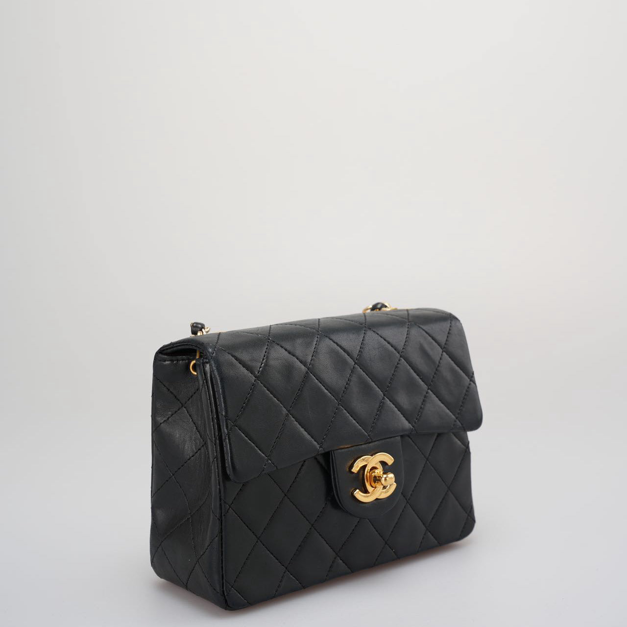 Chanel Vintage Timeless Mini Square Classic Flap Bag In Black With 24K Gold Hardware