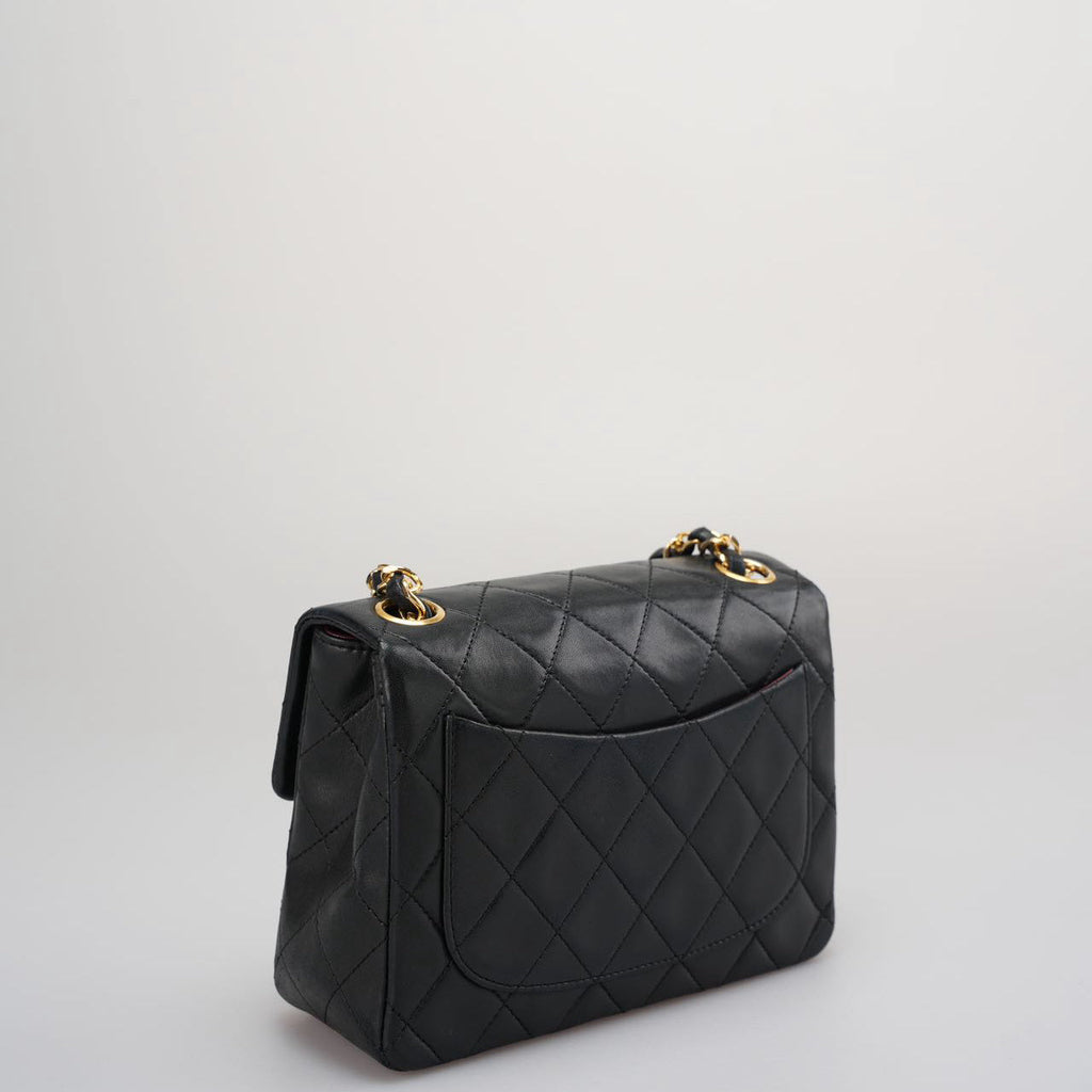 Chanel Vintage Timeless Mini Square Classic Flap Bag In Black With 24K Gold Hardware