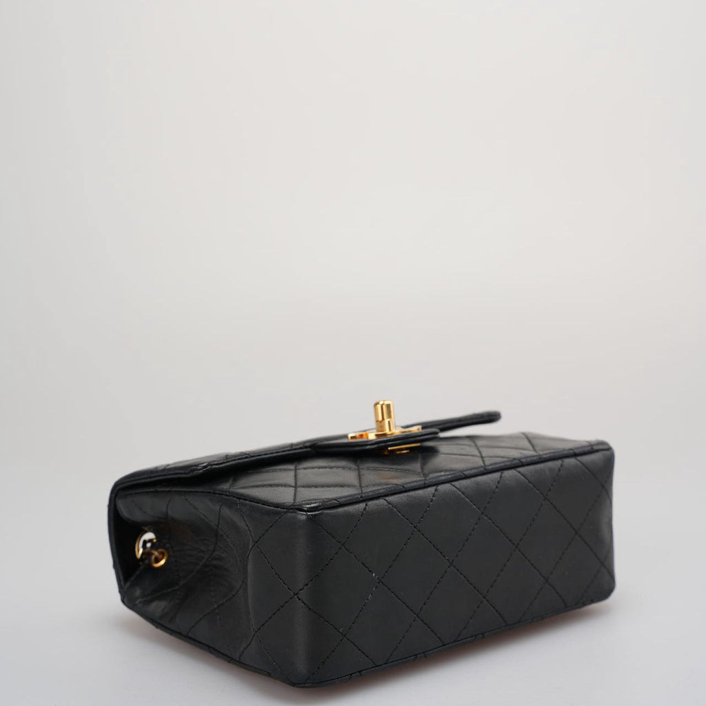 Chanel Vintage Timeless Mini Square Classic Flap Bag In Black With 24K Gold Hardware