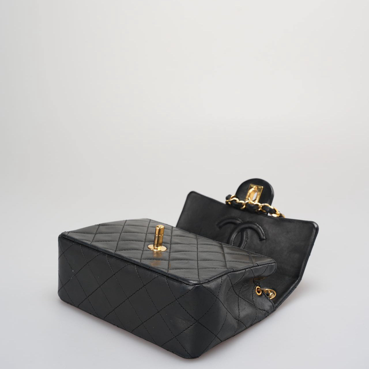 Chanel Vintage Timeless Mini Square Classic Flap Bag In Black With 24K Gold Hardware