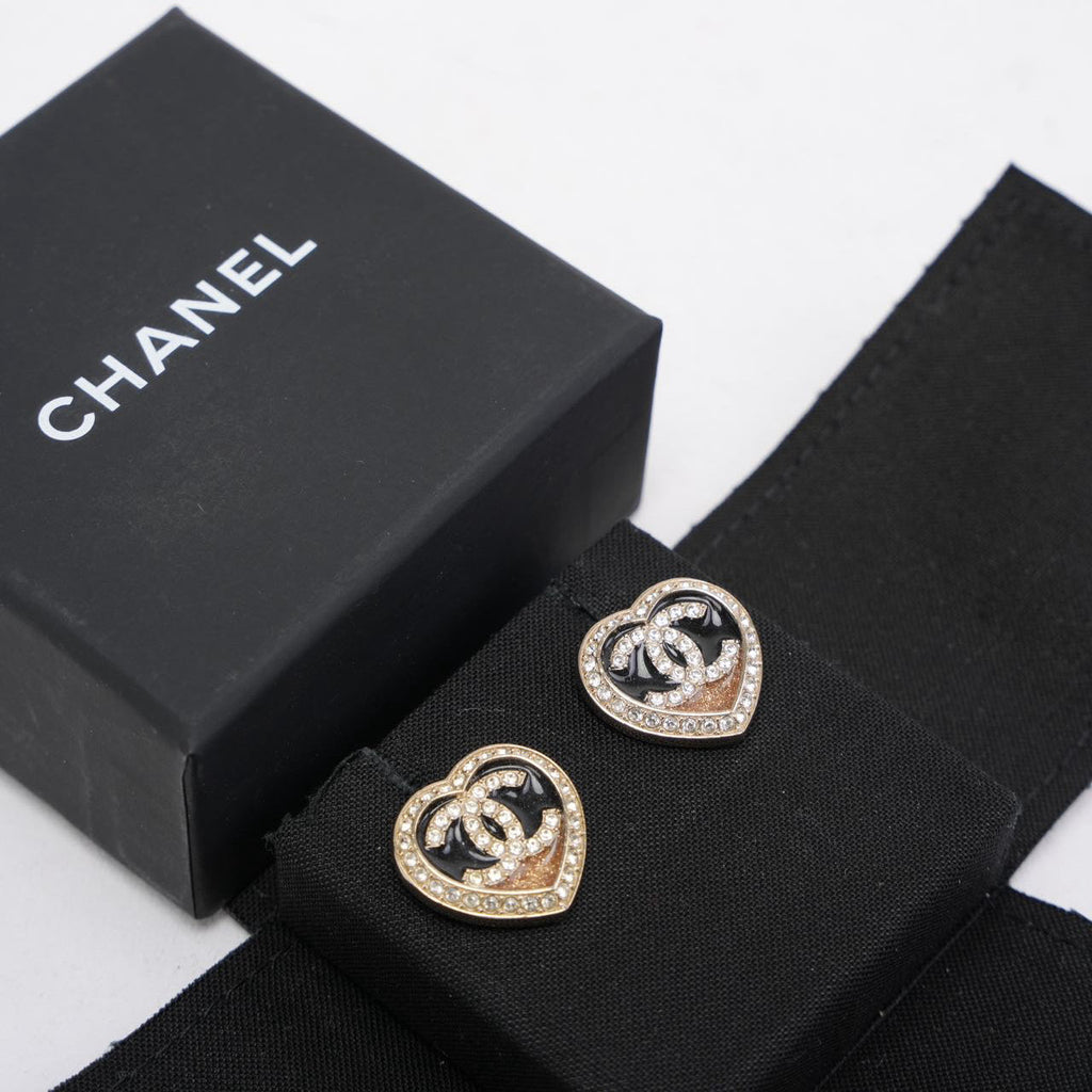 Chanel Heart Shape Crystal Black and Gold CC Logo Earrings