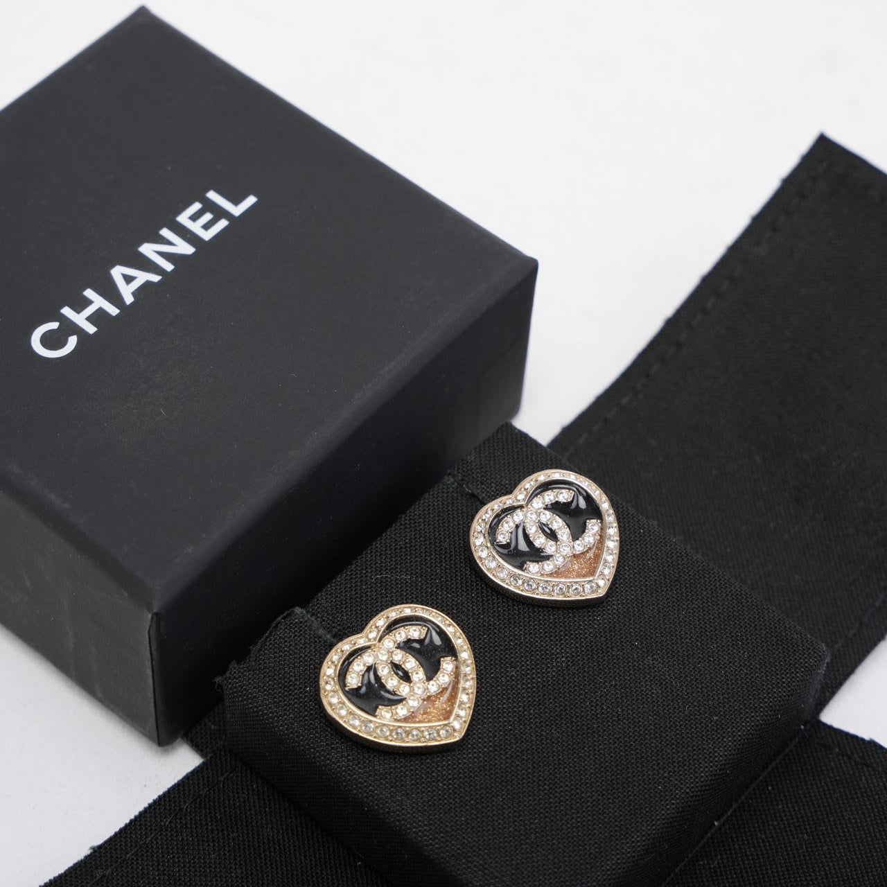 Chanel Heart Shape Crystal Black and Gold CC Logo Earrings