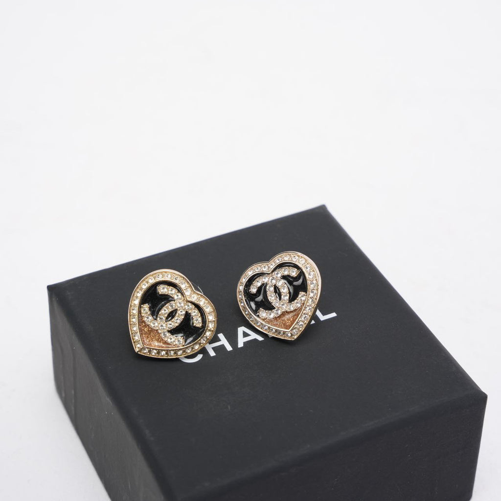 Chanel Heart Shape Crystal Black and Gold CC Logo Earrings