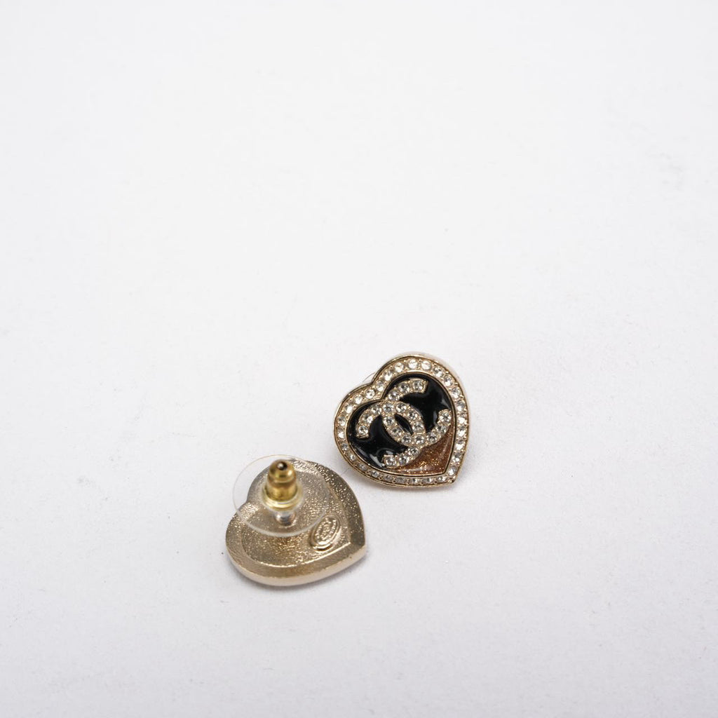 Chanel Heart Shape Crystal Black and Gold CC Logo Earrings
