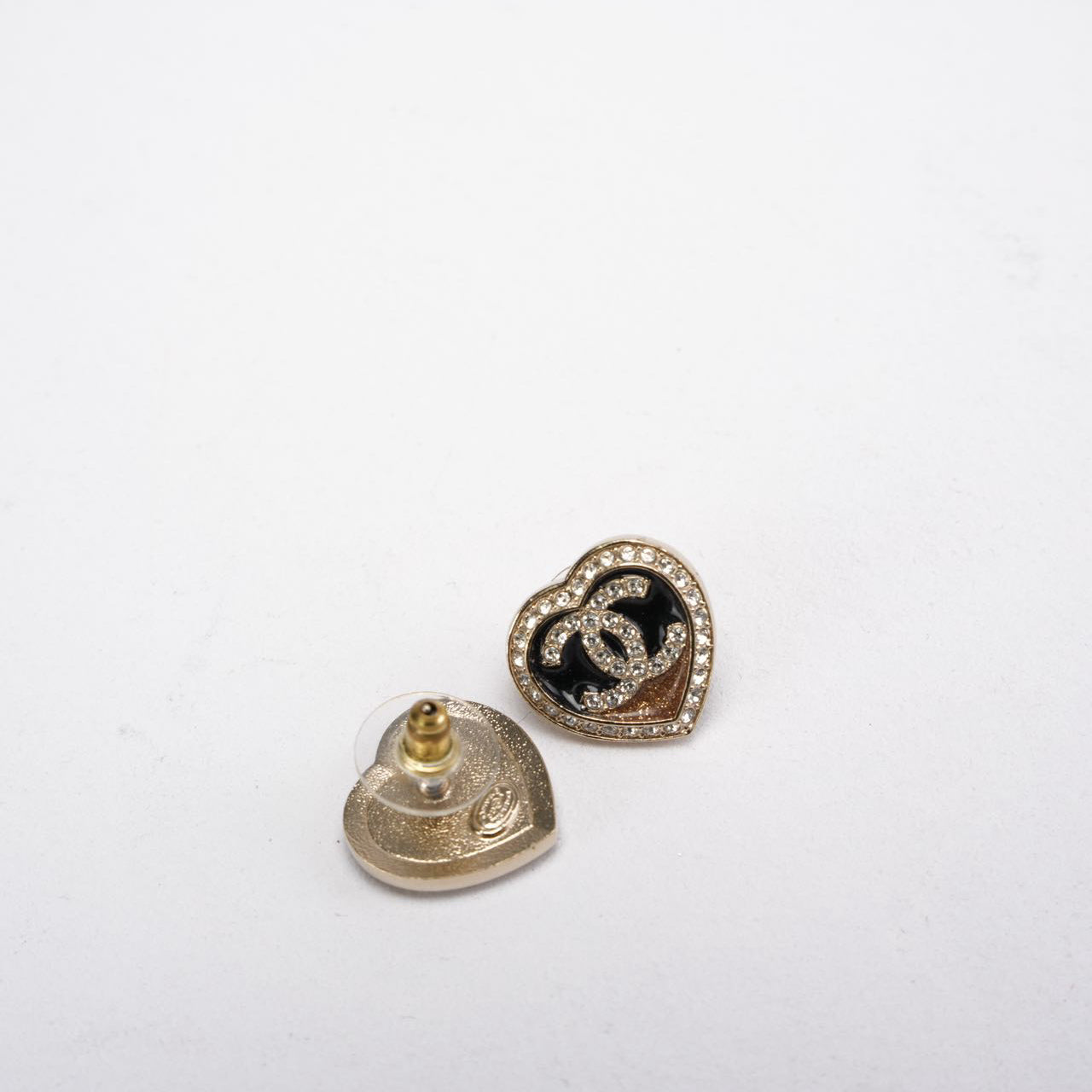 Chanel Heart Shape Crystal Black and Gold CC Logo Earrings