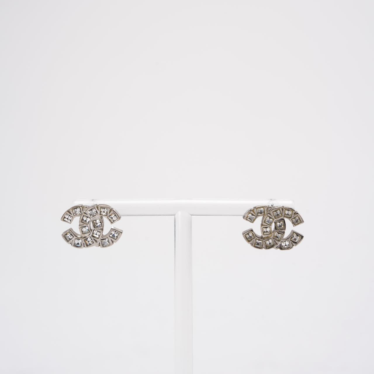 Chanel Rhinestone Coco Mark Sliver Metal Earrings