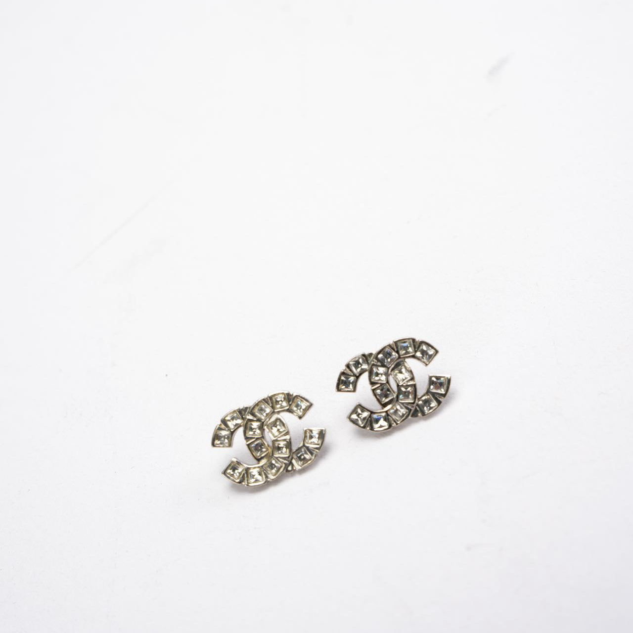 Chanel Rhinestone Coco Mark Sliver Metal Earrings