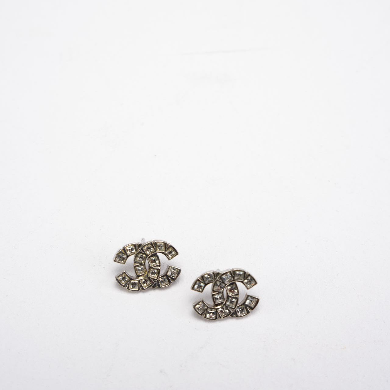 Chanel Rhinestone Coco Mark Sliver Metal Earrings