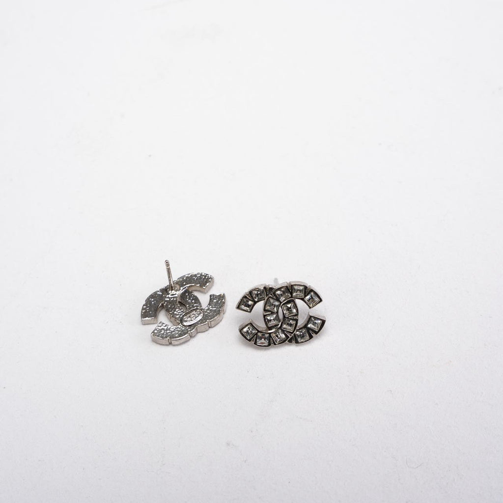 Chanel Rhinestone Coco Mark Sliver Metal Earrings