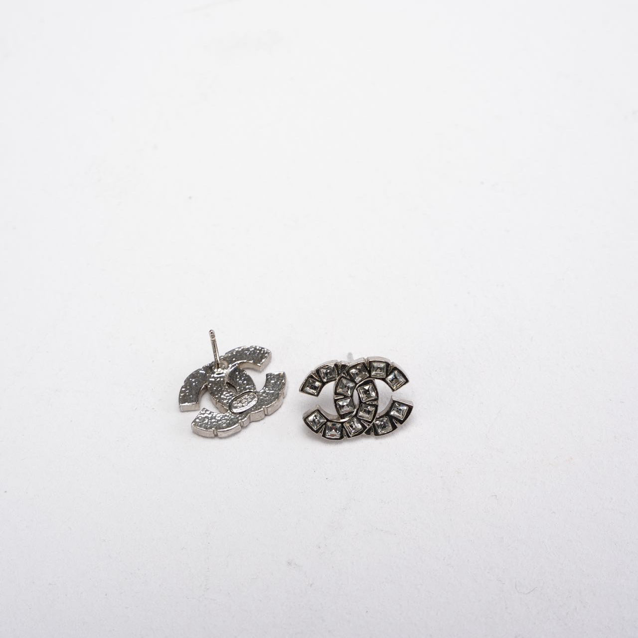 Chanel Rhinestone Coco Mark Sliver Metal Earrings