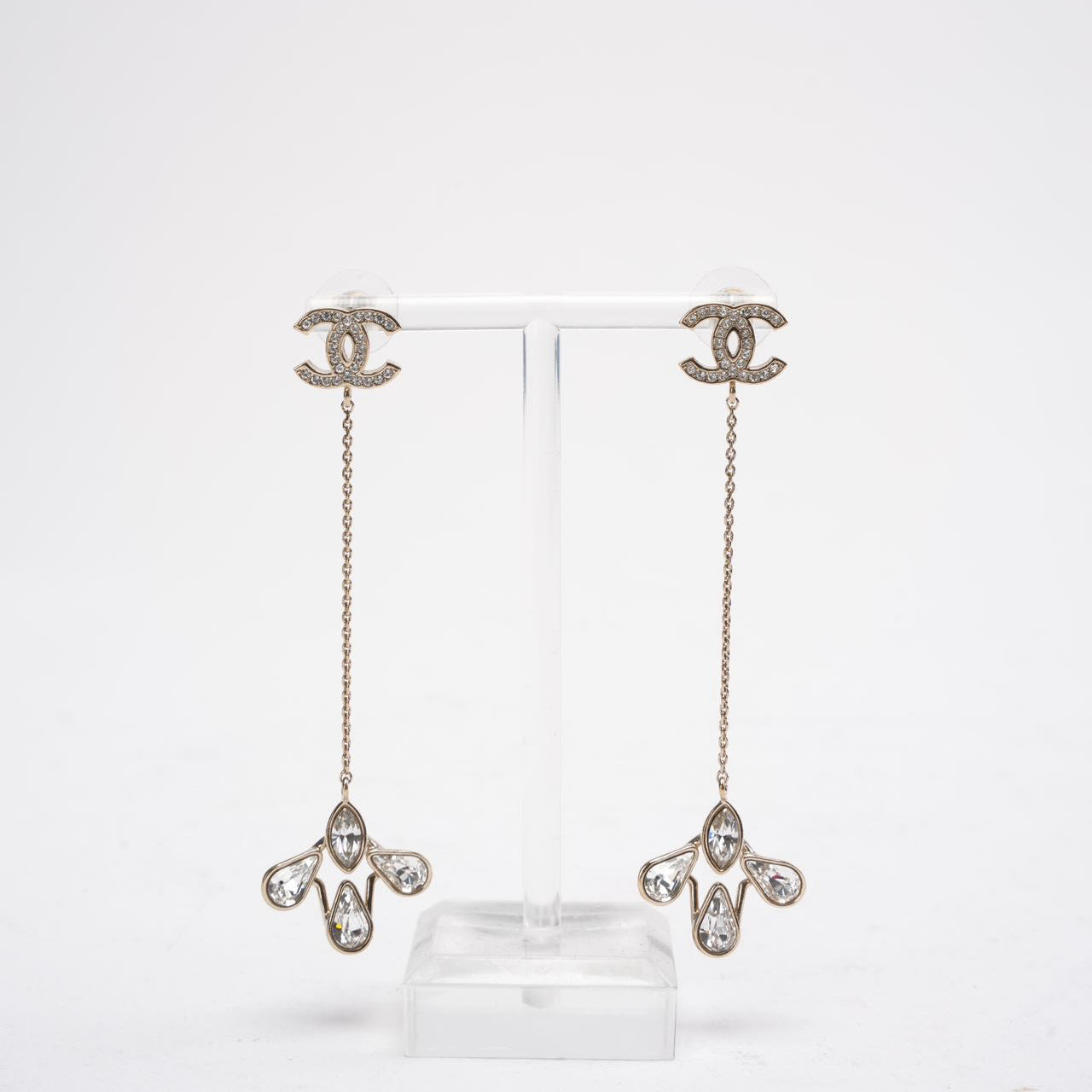 Chanel Gold CC Crystal Chain Drop Chain Dangle Earrings