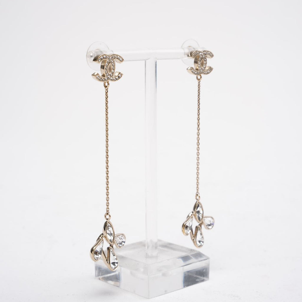 Chanel Gold CC Crystal Chain Drop Chain Dangle Earrings