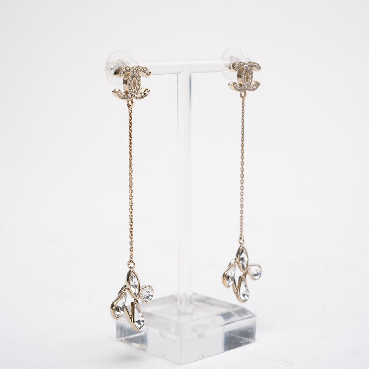 Chanel Gold CC Crystal Chain Drop Chain Dangle Earrings