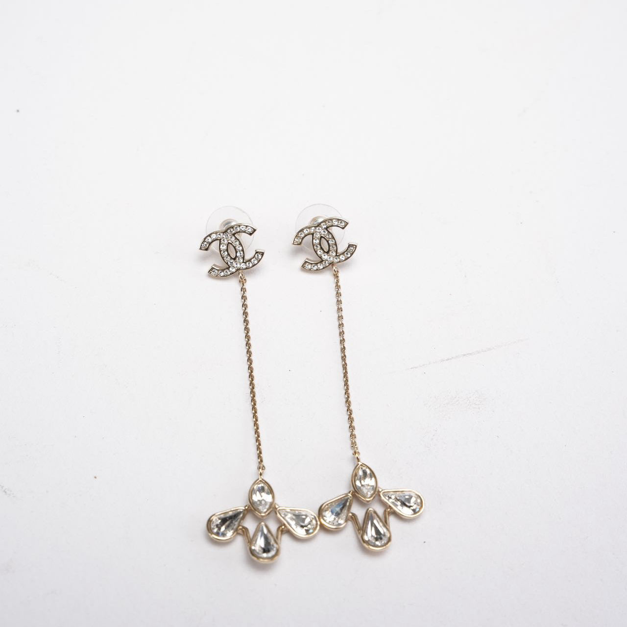 Chanel Gold CC Crystal Chain Drop Chain Dangle Earrings