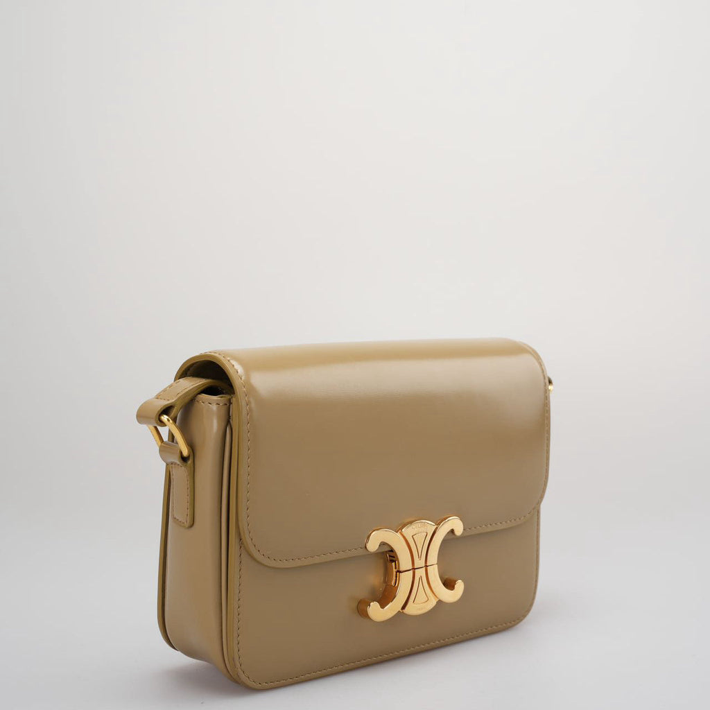 Celine Classic Triomphe Bag in Shiny Calfskin Smoke Brown Color