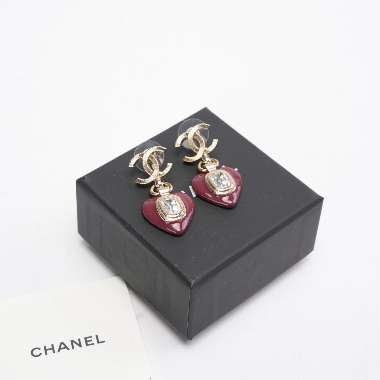 Chanel B21 K CC Heart Drop Earrings Metal with Resin/ Crystals
