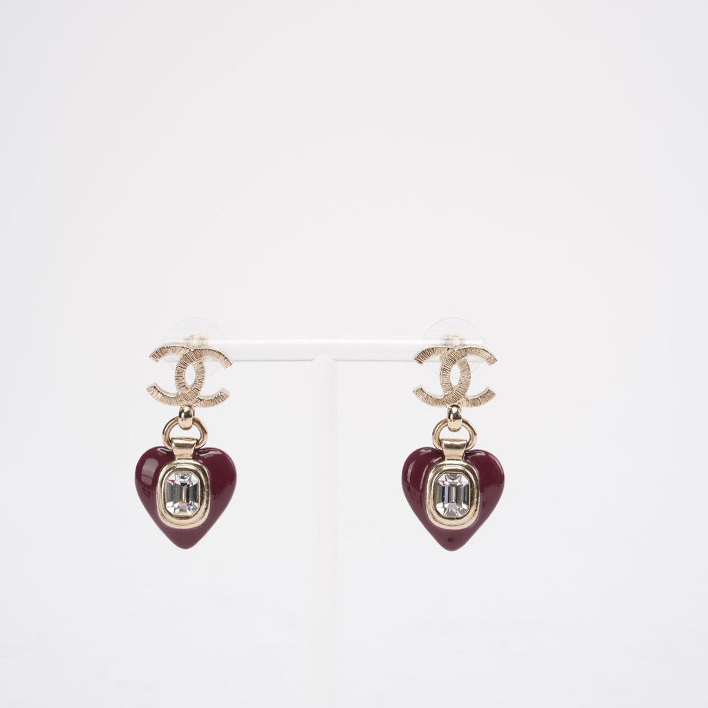 Chanel B21 K CC Heart Drop Earrings Metal with Resin/ Crystals