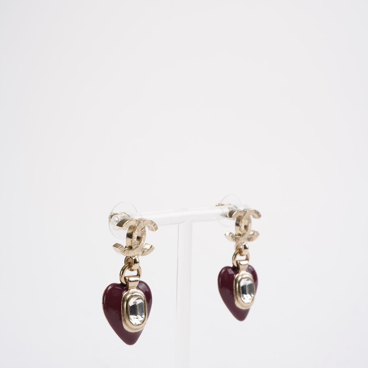 Chanel B21 K CC Heart Drop Earrings Metal with Resin/ Crystals