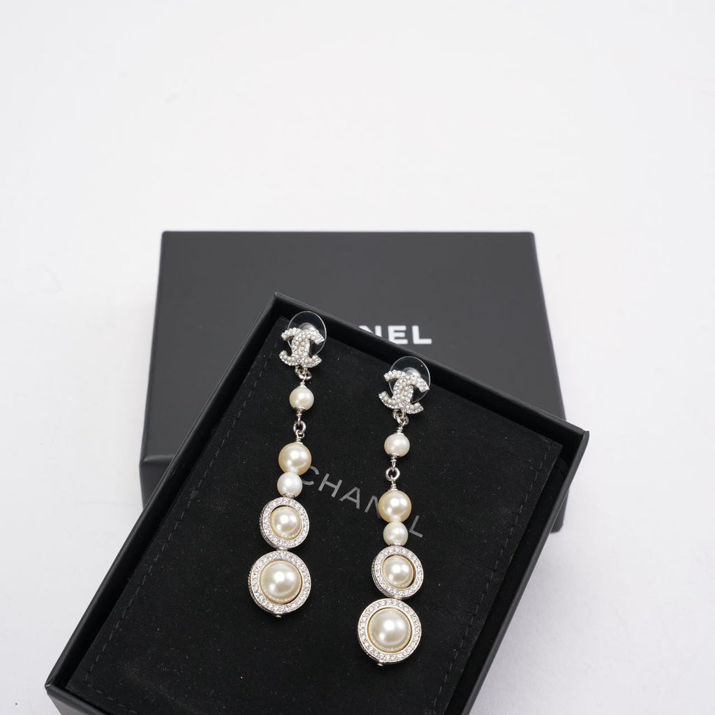 Chanel CC Sliver Pearl White and Crystals Earrings