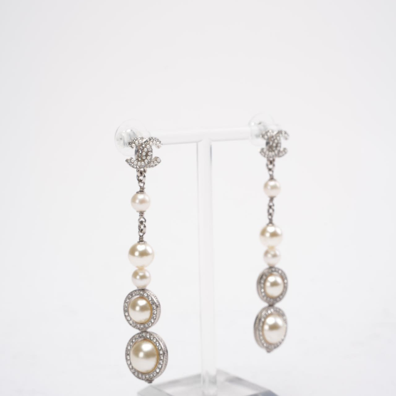 Chanel CC Sliver Pearl White and Crystals Earrings
