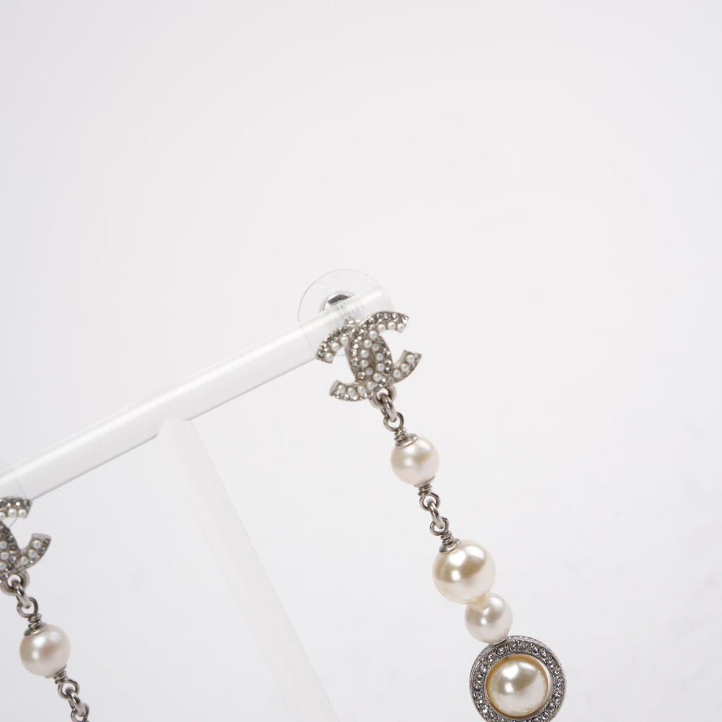 Chanel CC Sliver Pearl White and Crystals Earrings