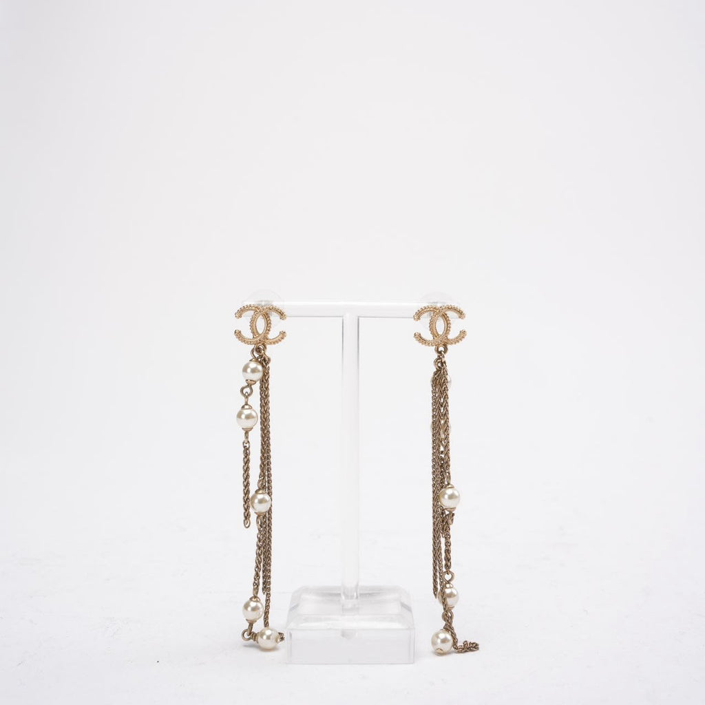 Chanel Faux Pearl CC Chain Drop Earrings