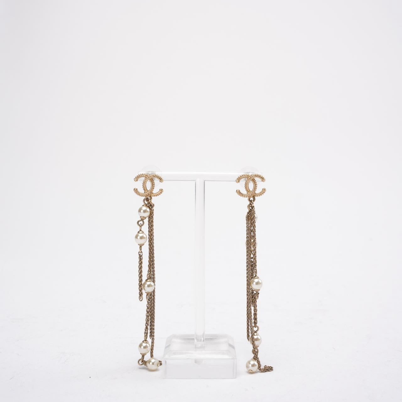 Chanel Faux Pearl CC Chain Drop Earrings