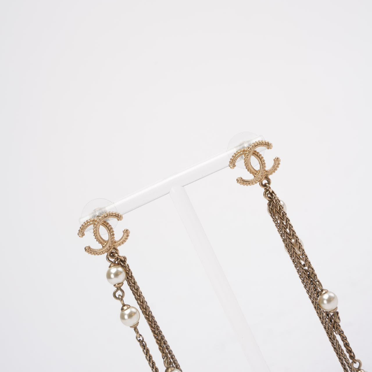 Chanel Faux Pearl CC Chain Drop Earrings