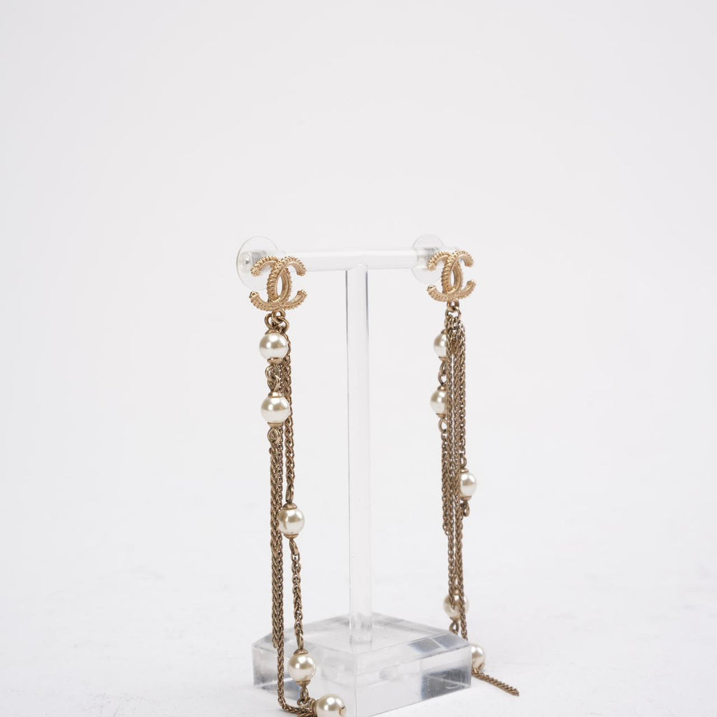 Chanel Faux Pearl CC Chain Drop Earrings