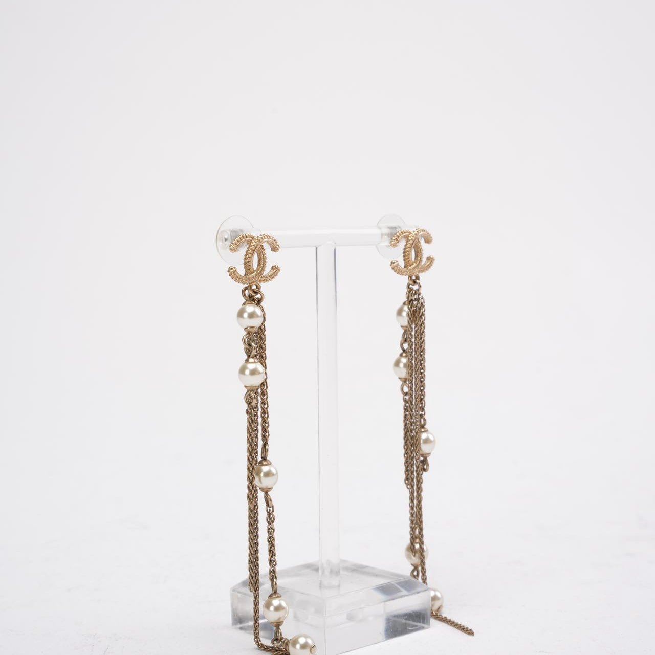 Chanel Faux Pearl CC Chain Drop Earrings