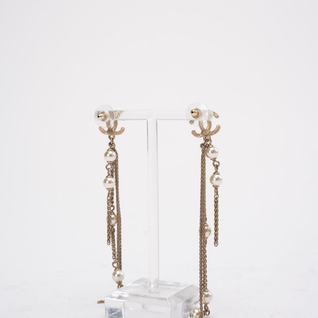 Chanel Faux Pearl CC Chain Drop Earrings