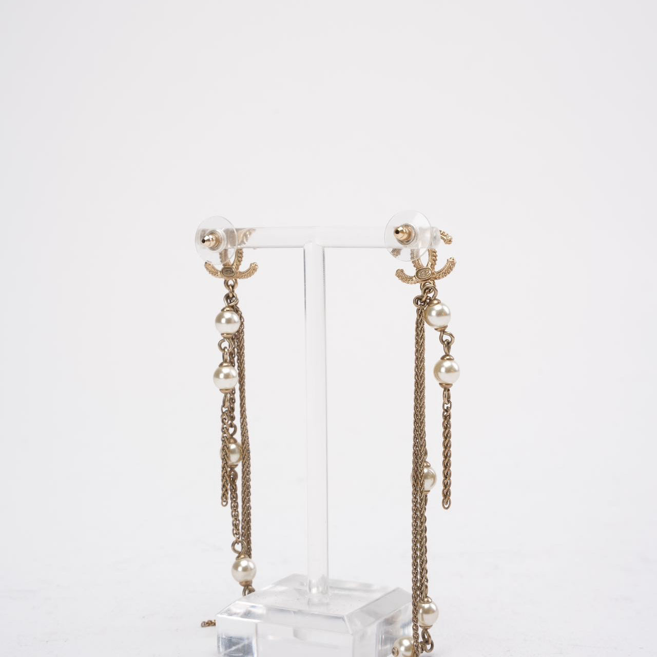 Chanel Faux Pearl CC Chain Drop Earrings