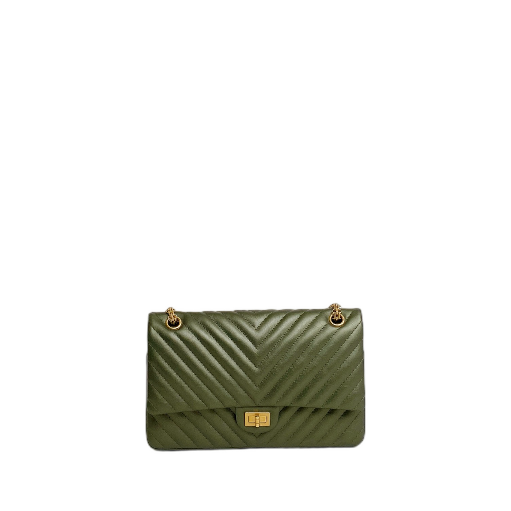 Chanel Chevron Medium Classic Double Flap Bag In Dark Green
